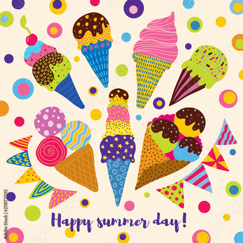 Happy summer day with ice cream! Cute postcard.