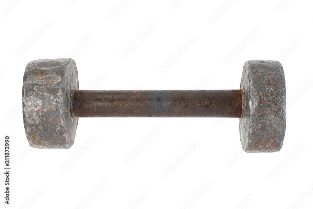 old homemade dumbbell cast in lead with rusty handle isolate on white background old homemade dumbbell cast in lead with rusty handle isolate on white background