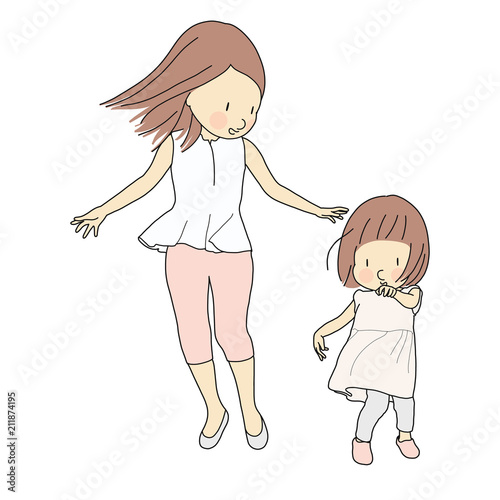 Vector illustration of happy mom and little kid girl. Family, motherhood, child playing, happy mother day, happy children day, greeting card, childhood development concept. Cartoon character drawing.