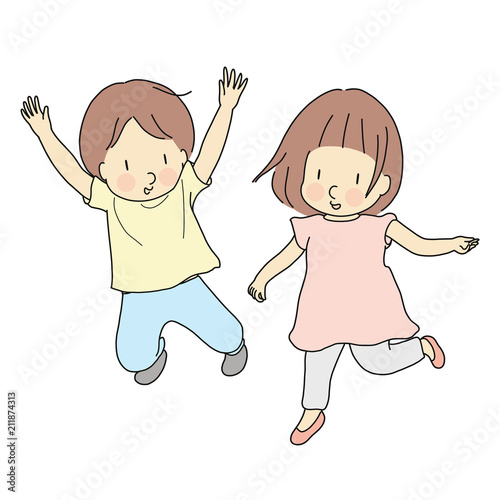 Vector illustration of two kids jumping together. Early childhood development, happy children day card, child playing, family, brother & sister, friends, friendship concept. Cartoon character drawing.