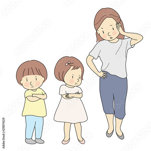 Parent dealing with siblings fighting. Mother handling child conflict. Mommy angry and yelling at her kids. Family, relationship problem, siblings & friends rivalry concept. Cartoon character drawing.