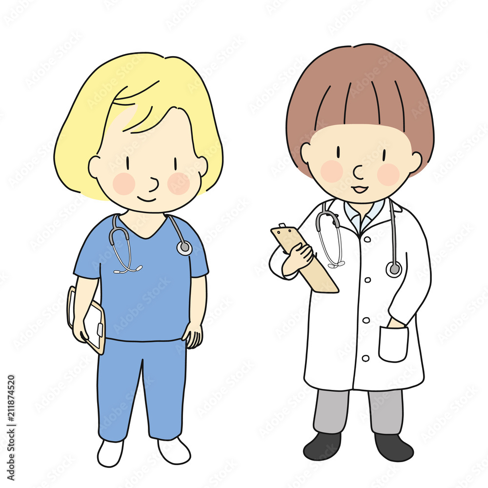 Vector illustration of kid professions, doctor and nurse. What I want to be when grow up. Children occupations costume. Childhood development, education & learning concept. Cartoon character drawing. Vector illustration of kid professions, doctor and nurse. What I want to be when grow up. Children occupations costume. Childhood development, education & learning concept. Cartoon character drawing.
