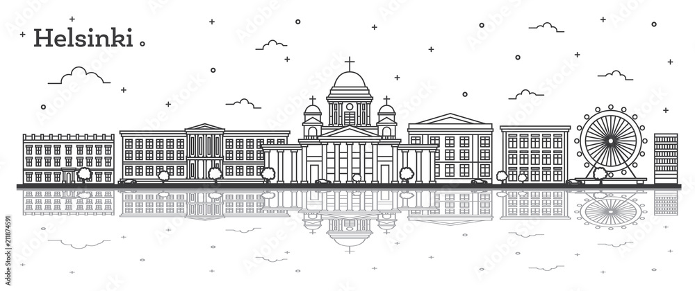 Outline Helsinki Finland City Skyline with Historic Buildings and Reflections Isolated on White. Vector Illustration. Helsinki Cityscape with Landmarks.