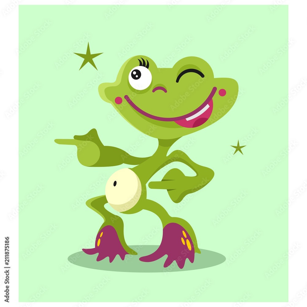 Obraz premium funny dancing green frog toad mascot cartoon character