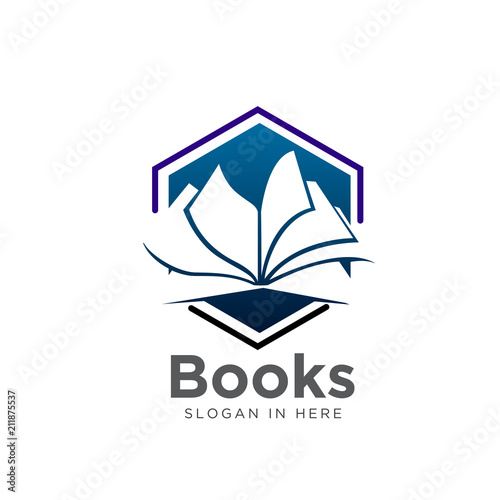 book open logo with negative space in hexagon