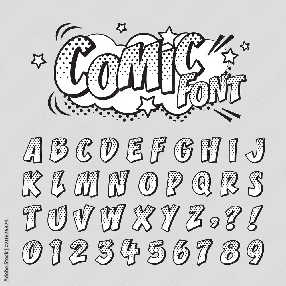 Comic retro font in halftone black & white colour. Alphabet & number in  style of comics, pop art for title, headline, poster, comics, colouring  book or banner design. Cartoon typography collection. Stock