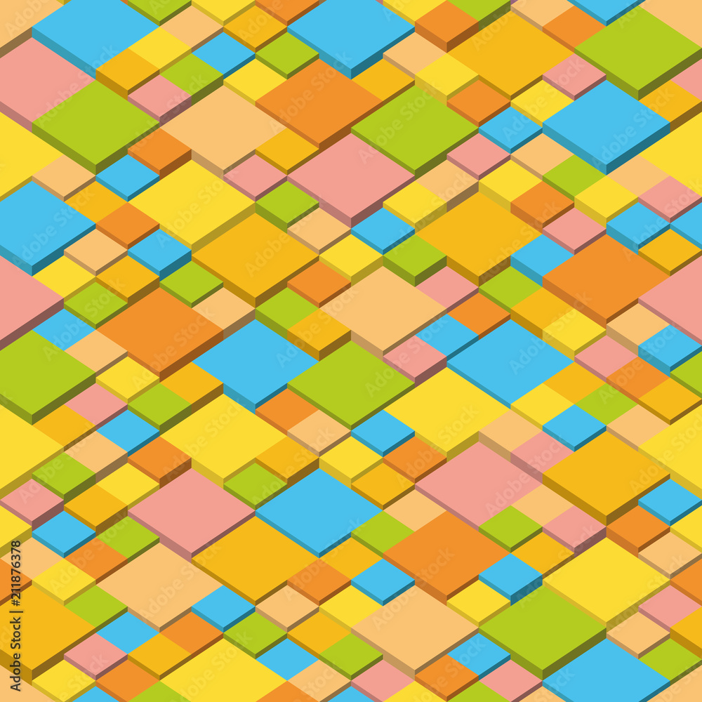 Summer. Abstract vector background of isometric cubes. Geometric squares in summer colors.