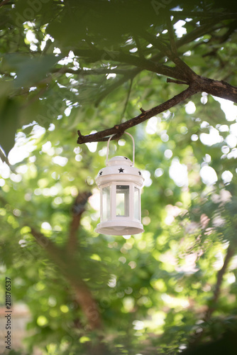 white lantern on garden tree. garden decorations