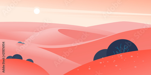 Vector flat summer landscape illustration with desert hills and dunes on clear hot sunny sky. Perfect for touristic advertisement, tour poster, placard, flayer, leaflet, banner. Nature beautiful view.
