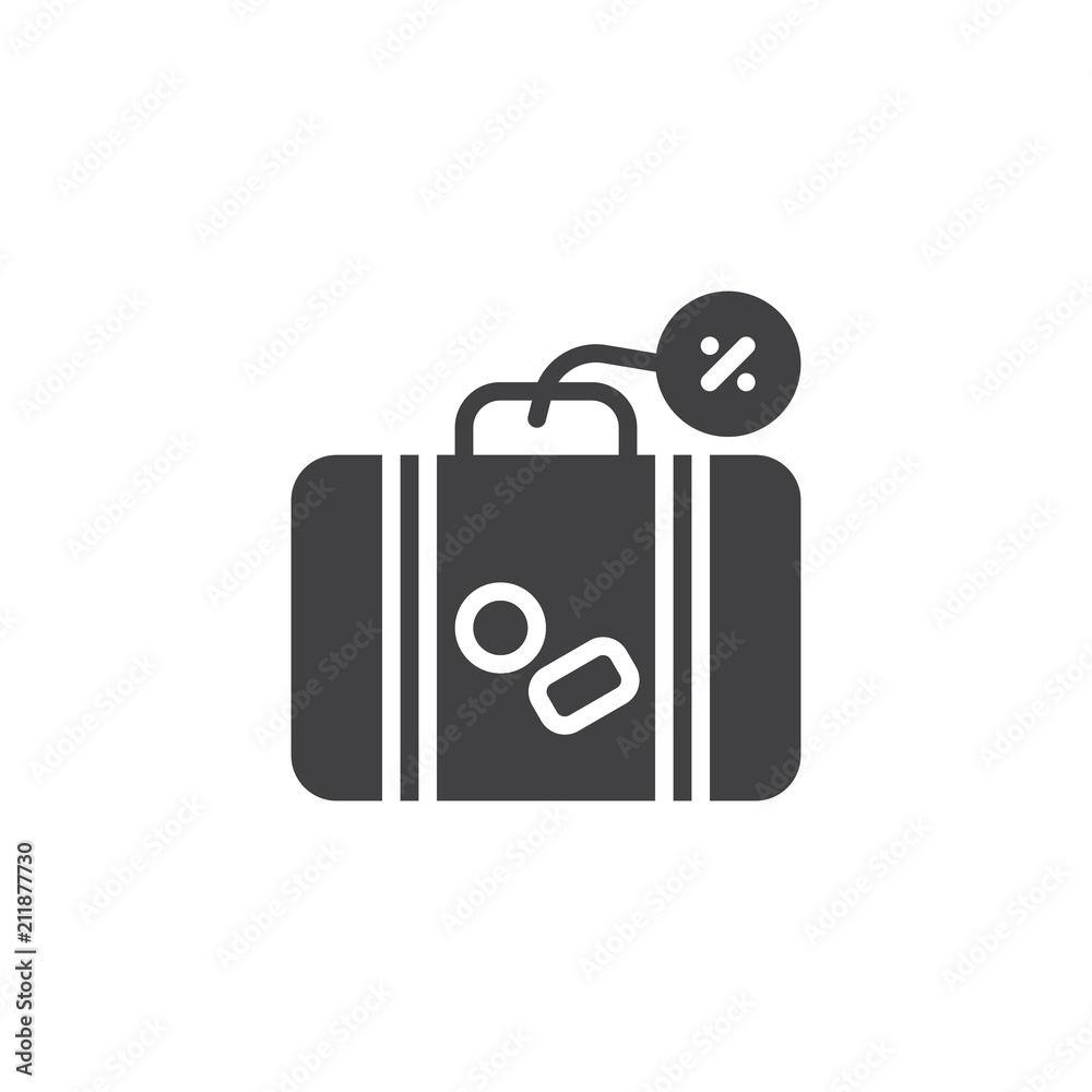 Travel bag Discount sale vector icon. filled flat sign for mobile concept and web design. Summer Suitcase with percentage tag simple solid icon. Symbol logo illustration. Pixel perfect vector graphics Travel bag Discount sale vector icon. filled flat sign for mobile concept and web design. Summer Suitcase with percentage tag simple solid icon. Symbol logo illustration. Pixel perfect vector graphics