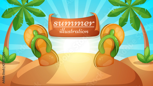 Cartoon summer landscape. Flip flops illustration. Vector eps 10