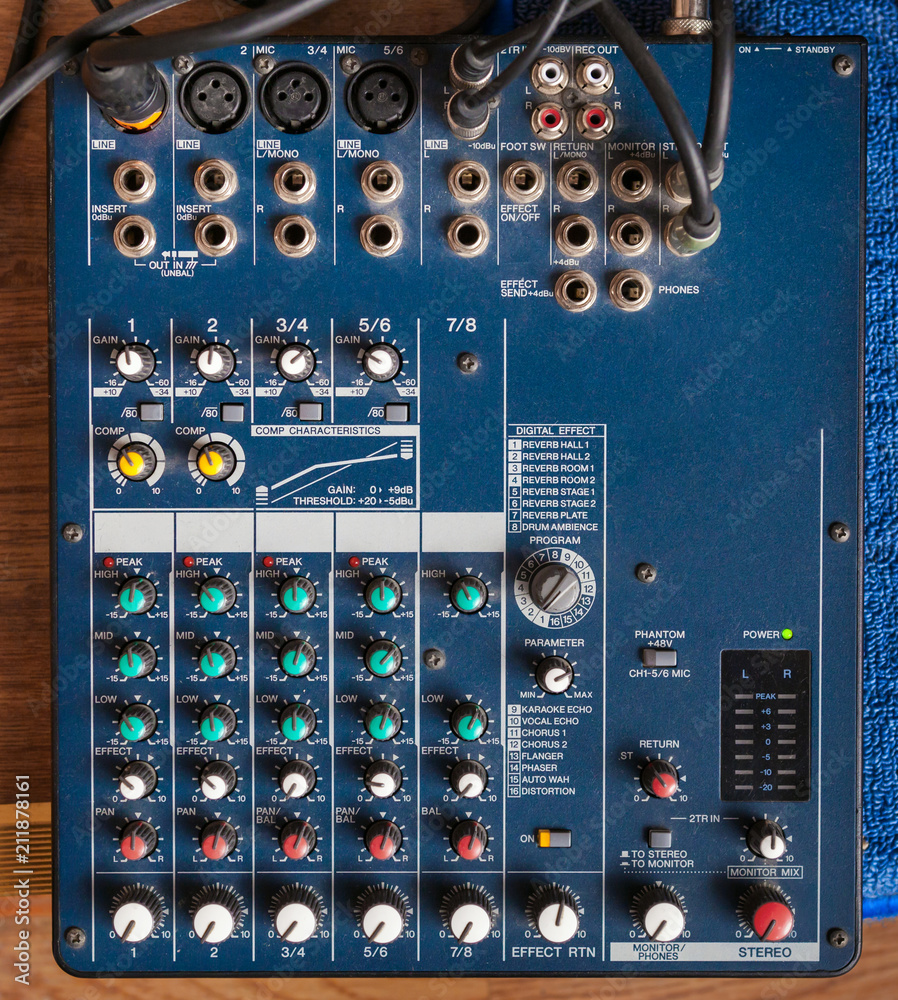 Professional audio mixing console. Professional audio mixing console.