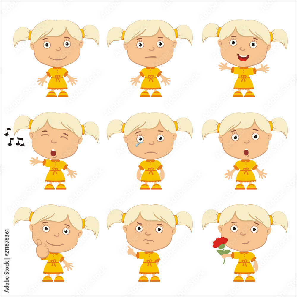 Collection of emoticons of funny girl with blonde hair isolated on white background. Collection of emoticons of funny girl with blonde hair isolated on white background.