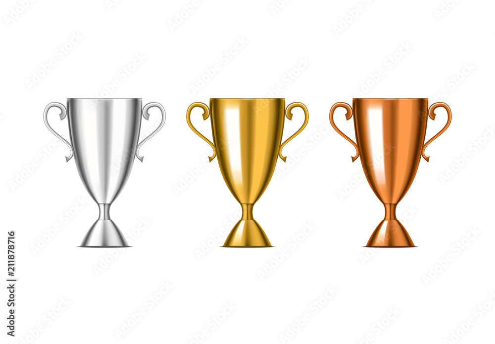 Realistic Detailed 3d Winner Cup Set. Vector