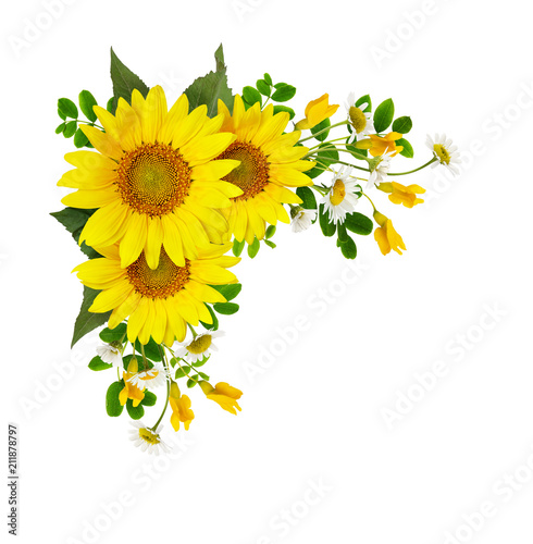 Fototapeta Naklejka Na Ścianę i Meble -  Sunflowers, daisies and acacia flowers in a corner arramgement