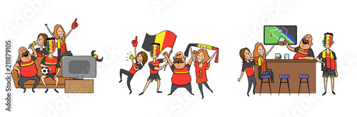 Belgium national football team supporters cheering at home, in the bar together. Set of football fans with national attributes. Colored flat vector illustration. Isolated on white background.