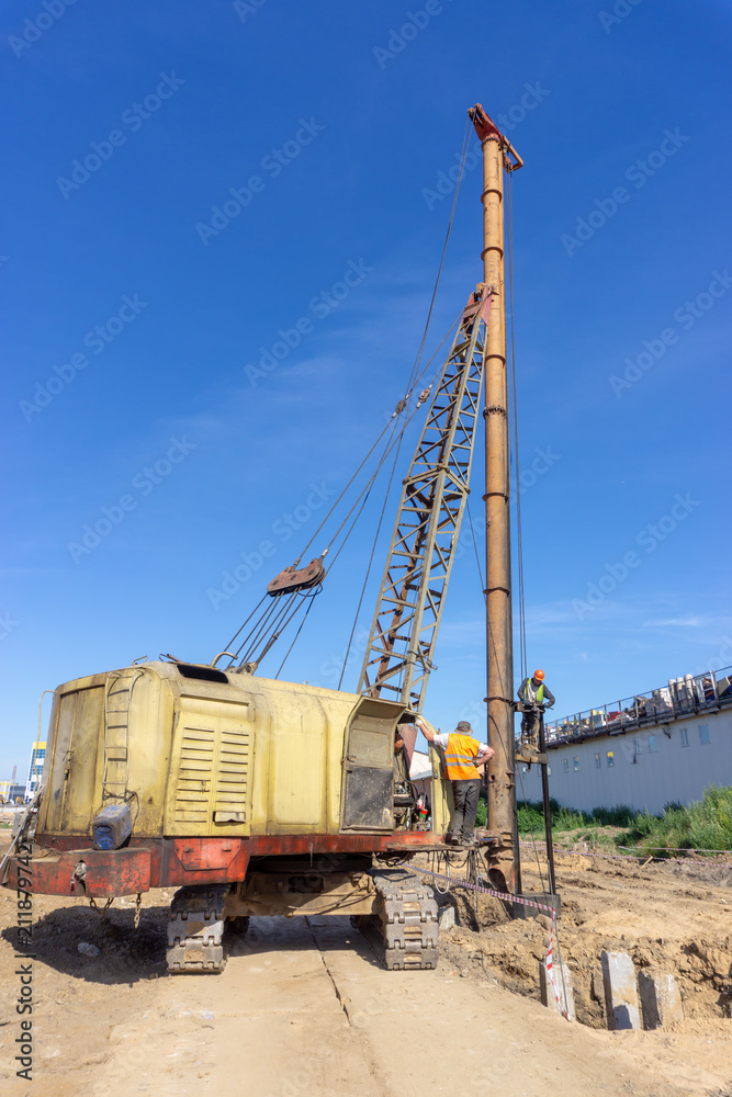 Khimki, Russia - June 29, 2018: Pile driver repair