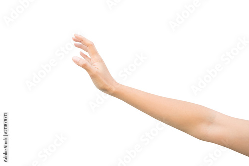 right hand of a woman trying to reach or grab something. Reaching out to the left. isolated on white background