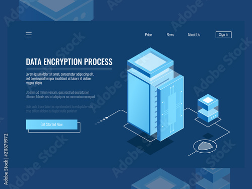 Data encryption process, protection digital information, server room, cloud storage isometric vector