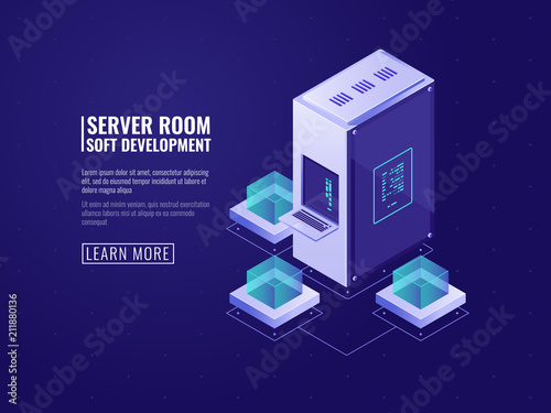 Server room and data cloud storage concept, isometric datacenter with database connection, vector illustration of modern and futuristic