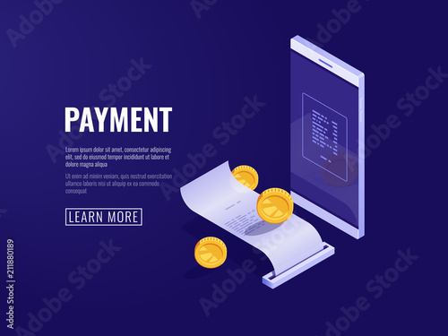 Online payment concept with mobile phone and paper receipt, electron bill and billing system icon, isometric vector