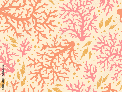 Seamless underwater vector pattern with repeated corals and shells in coral red palette. Hand drawn Red Sea colorful print for textile, paper design, backgrounds. Aquatic sketchy ornament