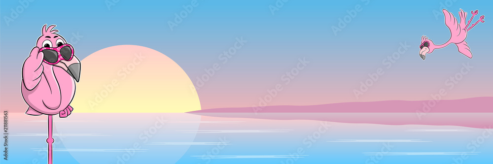 Fototapeta premium Cartoon Flamingo mit Sonnenbrille vor Sonnenuntergang 