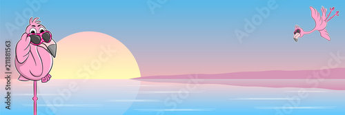 Cartoon Flamingo mit Sonnenbrille vor Sonnenuntergang 
