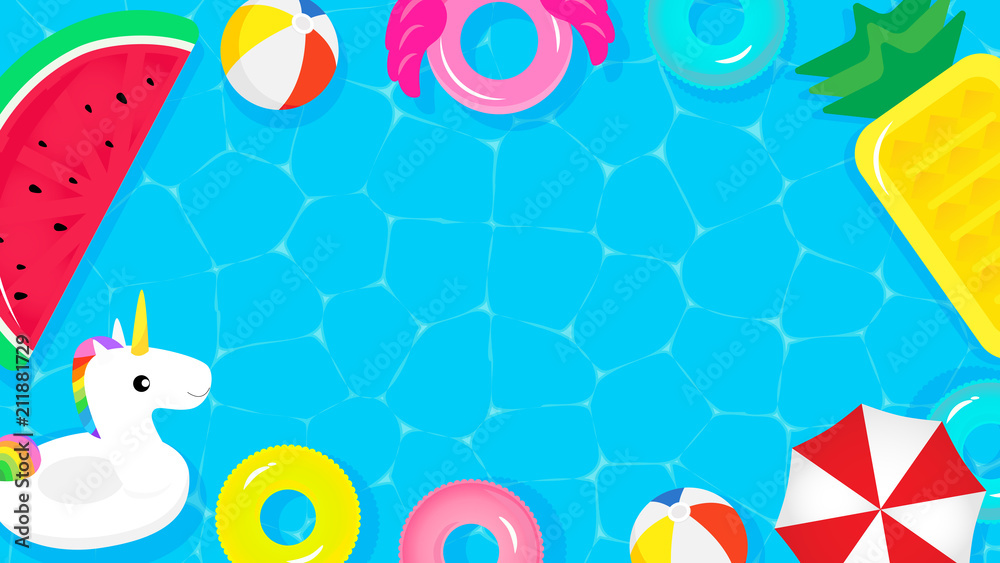 Pool Party frame background vector illustration. Top view of swimming pool  with cute pool floats. Stock Vector | Adobe Stock