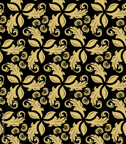 Floral vector ornament. Seamless abstract classic background with flowers. Pattern with repeating floral elements. Black and golden ornament for fabric, wallpaper and packaging
