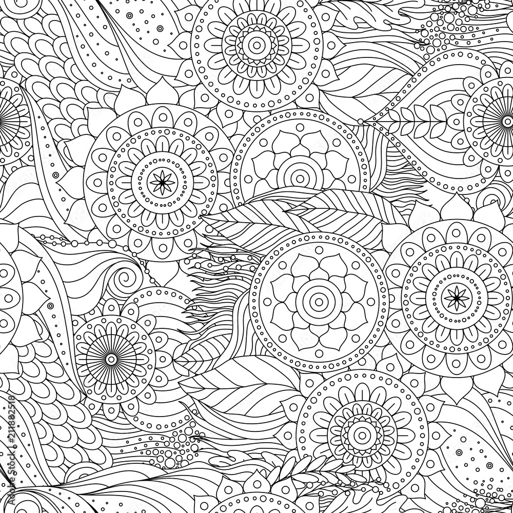 Fototapeta premium Tribal vintage floral ethnic seamless pattern with mandalas. Black and white oriental tiled ornament, boho design. Vector background.