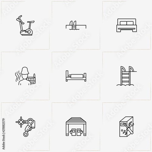 Service line icon set with bed, bathhouse and exercise bike