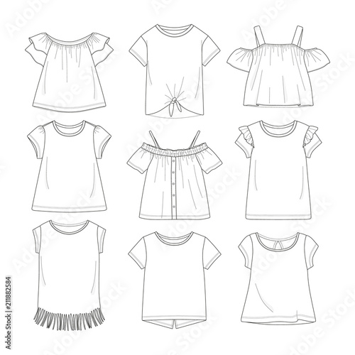 Set of 9 girl's t-shirt. Vector illustration. Summer clothes.