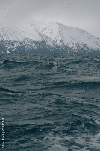 Waves in the ocean against the background of mountains