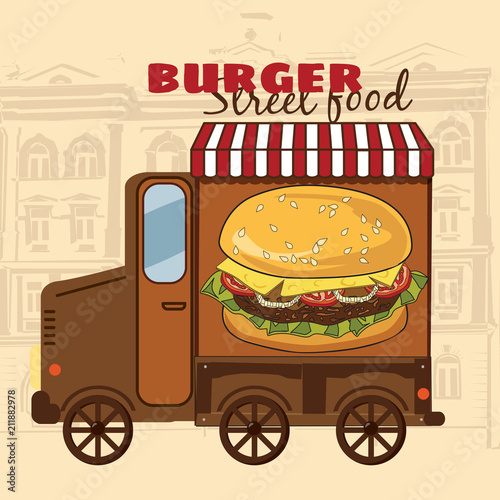 Street food car, delicious juicy burger with ingredients, in package, vector, illustration