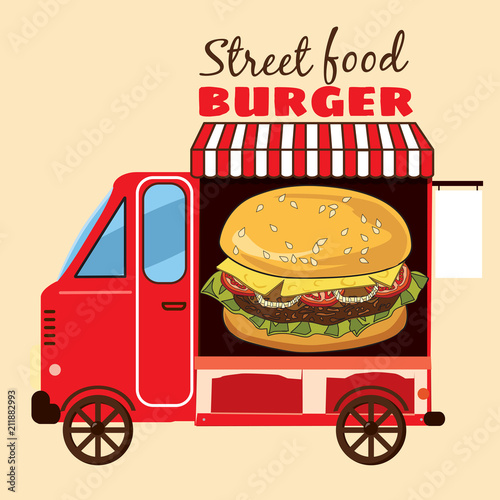 Street food car, delicious juicy burger with ingredients, in package, vector, illustration