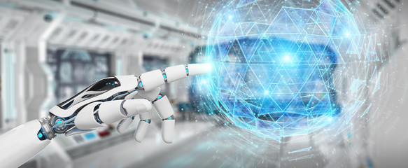 White robot hand using digital triangle exploding sphere hologram 3D rendering