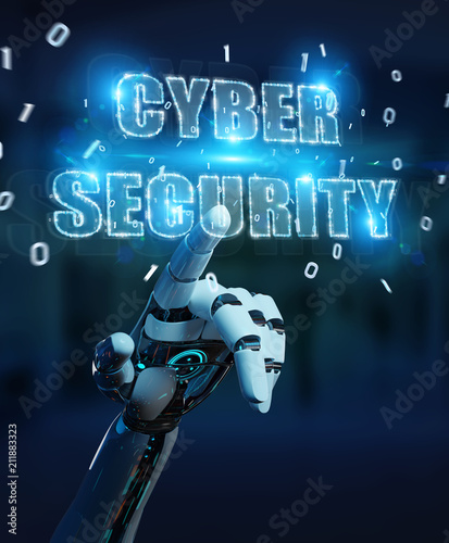 White humanoid hand using cyber security text hologram 3D rendering