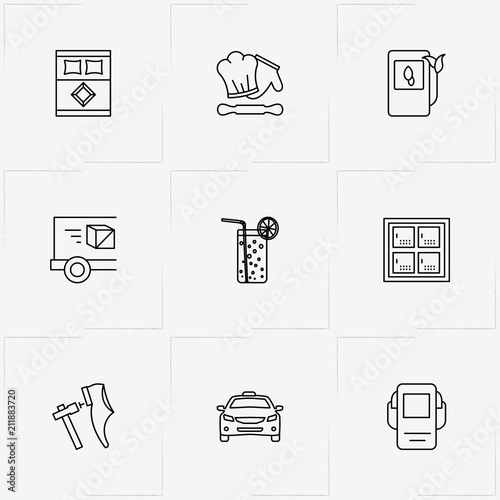 Service line icon set with airport luggage storage, cocktail and bed