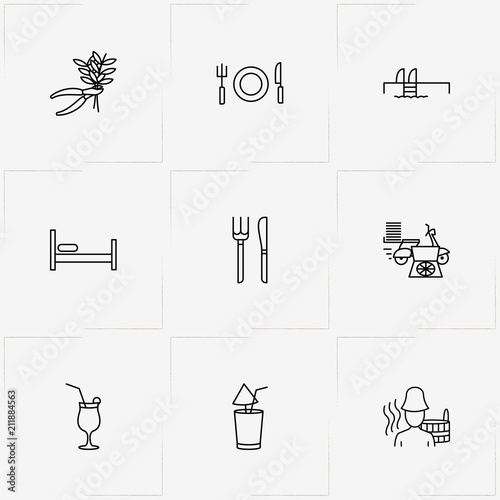 Service line icon set with plant cutter , swimming pool ladder and bathhouse