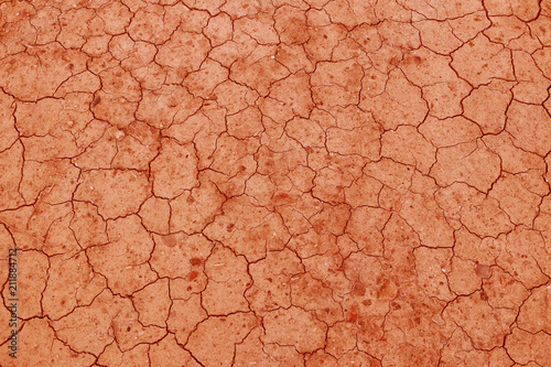 The cracked, dried earth is red. A desert without water. Arid ground. Thirst for moisture on a lifeless space. Ecological situation in the world. Saving water and natural resources. Undeveloped soil 
