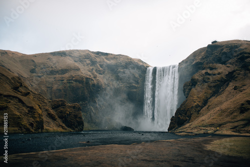 Skogafoss Waterfall, southern part of Iceland, at overcast weather