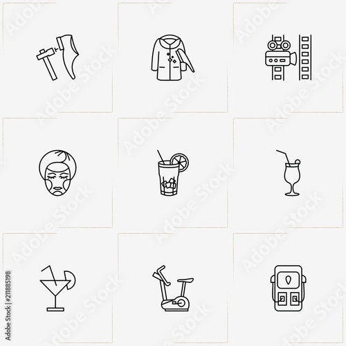 Service line icon set with exercise bike, brush for dress  and mask for face