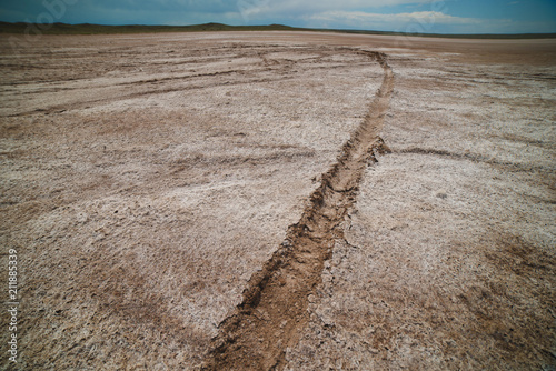 car track in the withered salt lake