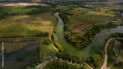 Aerial View. Flying over the beautiful River and beautiful forest.