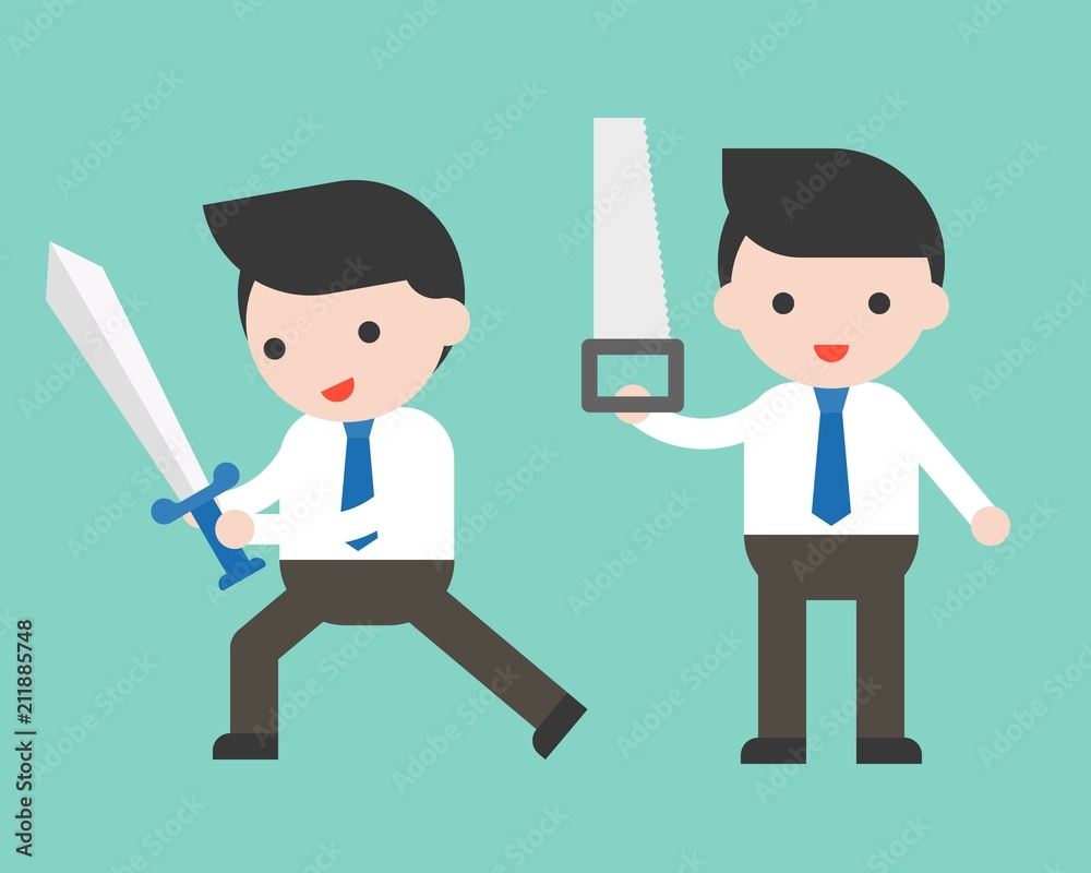 Cute Businessman or manager holding sword and saw, ready to use character, flat design Cute Businessman or manager holding sword and saw, ready to use character, flat design