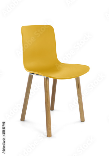 Yellow Plastic Modern Chair with Wood Legs Three Quarter View