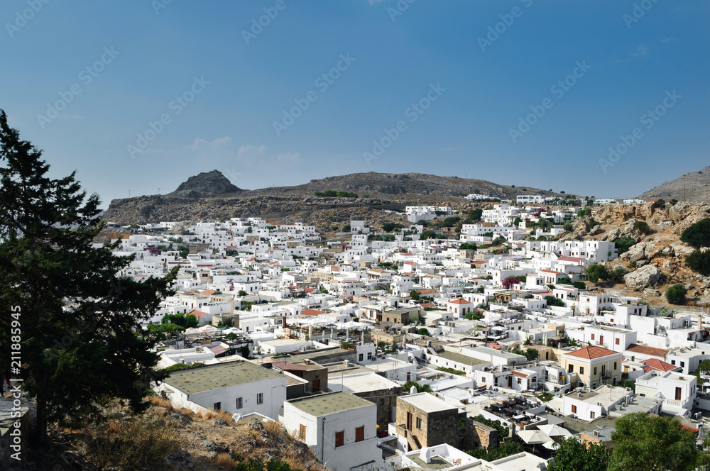 Traditional buildings and decorated houses in Lindos