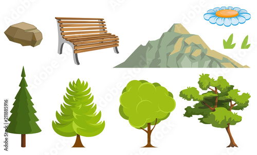 Landscape with a Mountains and Trees. Nature as a background. Park elements for landscape. Hand drawn Cartoon nature. Paysage with blue sky and flower fields. Vector graphics to design