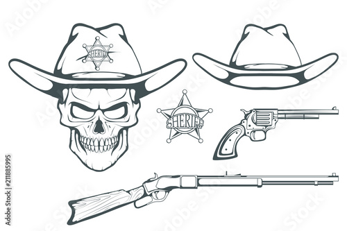 Cowboy Set for design. Hand drawn cowboy hat. Cartoon character man in the wild west. Retro Rifle and revolver. Sheriff's Badge. Western. Elements of the Wild West. Vector graphics to design